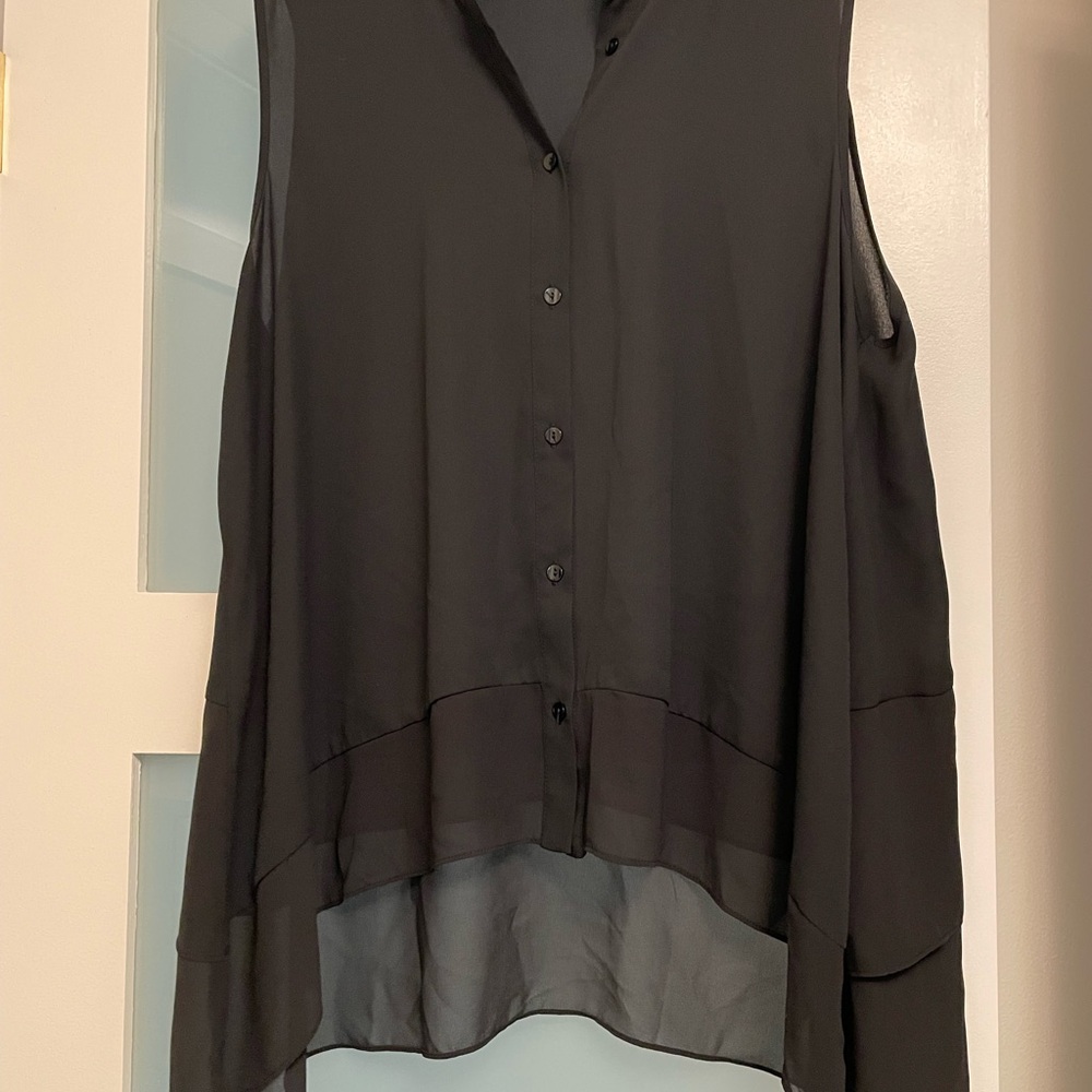 Black Asymmetrical Button Down Blouse with Notched Collar